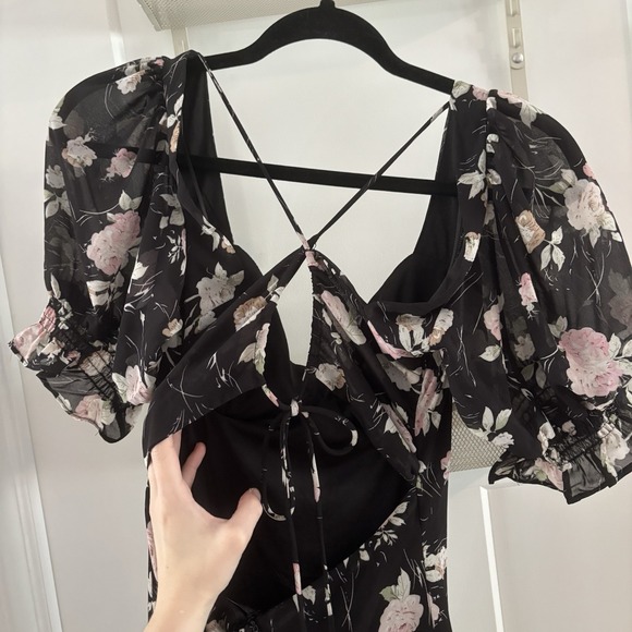 VICI Women's S Avani‎ Black Floral Print Midi Puff Sleeve Dress NWT Cottage Core - Picture 6 of 8